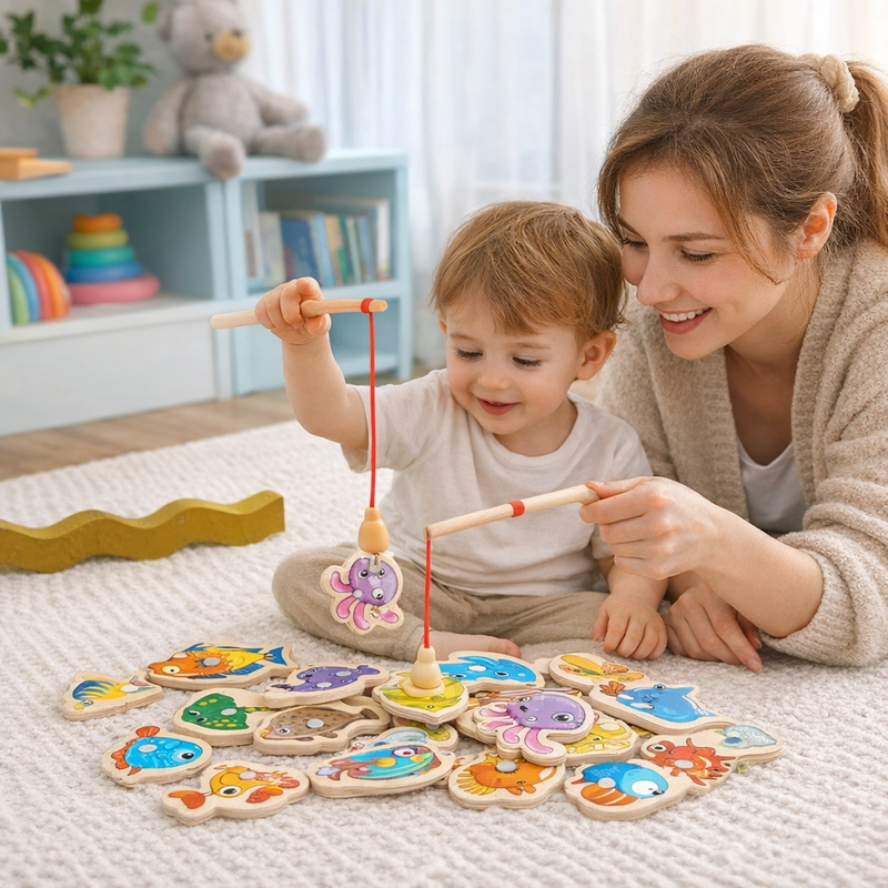 Jogo de Pescaria Magnética Infantil em Madeira – Montessori Interativo